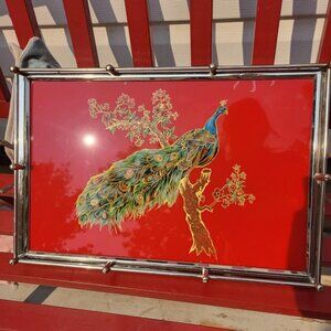 Vintage Peacock Reversed Painted Tray~ Beautiful~ West Germany (US Zone 1950's)